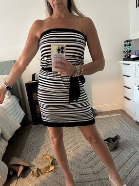 White House Black Market Black and White Strapless Striped Dress